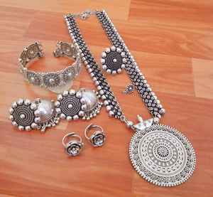 Indian Traditional Oxidised Jewelry Combo <b>Set</b> for <b>Women</b> Necklace, Earrings, Bangles, <b>Rings</b>, Nose Pin For Ethnic & Festive Wear - Product Image 4