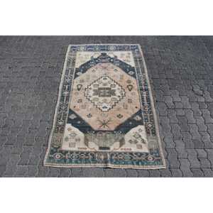 Tapis de 4,1 x 6,9 pieds, tapis vintage, tapis abstrait turc en laine bleue - Product Image 1