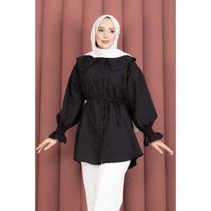 Túnica Negra de Popelina con Cuello Bordado, Diseño Floral de Encaje, Cintura con Cordón Ajustable, Corte Holgado, Talla XL, para Oficina, Primavera/Otoño, Rayón - Product Image 2