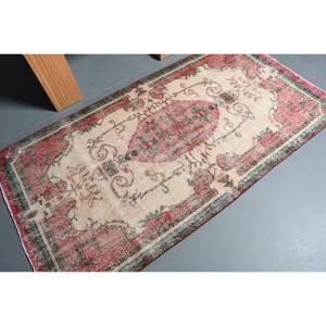 Auténtica alfombra de lana rojo Beige 3,7X7 pies estilo Kilim alfombra de área turca látex abstracto para pasillo rectángulo para habitaciones grandes - Product Image 2