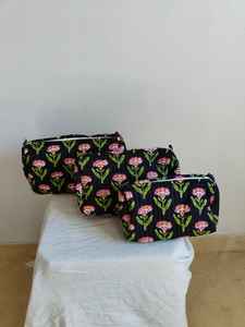 Set Of 3 Cotton <b>Quilted</b> Makeup Bag & Organizer Cotton Toiletry Case Travel Bag floral Print Makeup Bag Toiletries Organizer Bag - Product Image 4