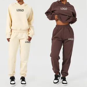 Pakaian olahraga wanita bulu domba musim dingin 86% katun Set CELANA Jogger Hoodie dua potong polos setelan olahraga untuk dicetak