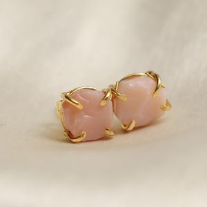 8-10mm Raw Pink Opal Stone Gold Plated Prong Set <b>Stud</b> <b>Earrings</b> Handmade Birthstone Dainty Minimalist Jewelry for Women - Product Image 2