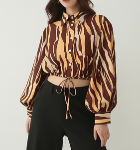 Women's Striped Balloon Sleeve Blouse Shirt Collar Loose Fit With Pocket And Tie Waist Casual <b>Top</b> Full Sleeve Chiffon Material - Product Image 6
