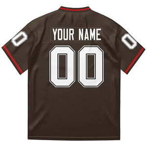 Jersey de fútbol personalizado marrón oscuro con números blancos y Camiseta deportiva de equipo de manga corta con ribete rojo - Product Image 4