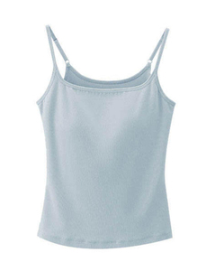 Women's Blue Scoop <b>Neck</b> Sleeveless Knitted Tank Top Short Casual Solid Color Breathable Cotton Fixed <b>Pad</b> - Product Image 6