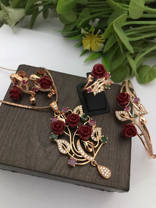 Ensemble pendentif CZ plaqué or rose de qualité supérieure avec chaîne, boucles d'oreilles assorties, bague et bracelet bijoux de luxe pour femmes coffret cadeau parfait - Product Image 2