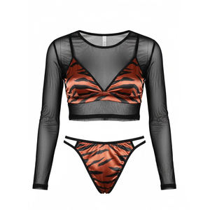 Комплект женского белья: прозрачный сетчатый бюстгальтер с длинными рукавами и стринги с тигровым принтом. Производство на заказ, клубная одежда, нижнее белье. - Product Image 1