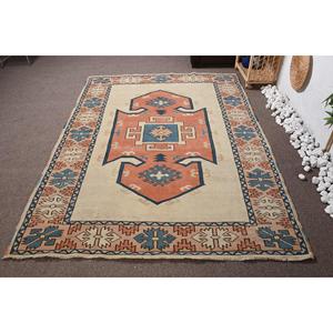 พรมวินเทจตุรกีขนาด 5.5x7.2 ฟุต พรมปูพื้น พรมลายจุดสีเบจ - Product Image 1