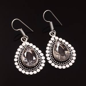 Boucles d'oreilles pendantes en argent sterling 925 avec quartz clair, bijoux faits à la main pour femmes, boucles d'oreilles statement, fournisseur en gros - Product Image 5