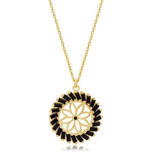 Diseño de flores, piedra Baguette negra, forma redonda, Theia colgante de plata, joyería de Ley 925 hecha a mano turca - Product Image 1