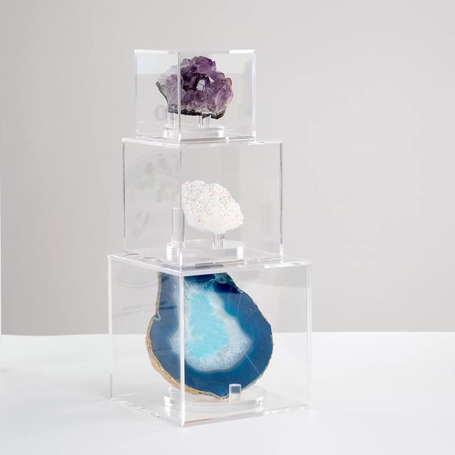 Crystal Clear Acrylic Geodes Rocks Holder Box Agate Slices Minerals Slab Collectibles Case With 3 Pegs Display Easel Stand