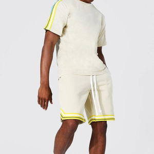 Nouvel arrivage de shorts décontractés en coton pour hommes Ensemble double à rayures latérales pour hommes T-shirt à manches courtes Short à cordon Ensemble double - Product Image 1