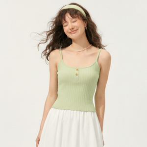 Débardeur côtelé pour femme à bretelles spaghetti, boutons sur le devant, en maille légère, camisole unie au niveau des genoux, écologique, respirant, logo personnalisé - Product Image 1