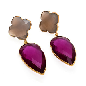 ใหม่มาถึงสีชมพูทัวร์มาลีนควอตซ์และสีเทา Chalcedony พลอย925เงินสเตอร์ลิง Briolette และต่างหูรูปโคลเวอร์ - Product Image 1