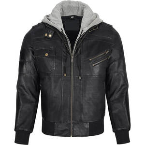 Chaqueta de cuero con capucha para hombre, cierre de cremallera completa, chaqueta de cuero genuino de otoño para hombre, perfecta para salidas informales - Product Image 1