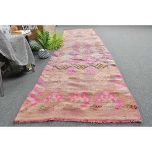 Alfombra turca Vintage de 28 'X 13', Alfombra de lana de tejido plano rosa y marrón con respaldo de látex para decoraciones de sala de estar - Product Image 4