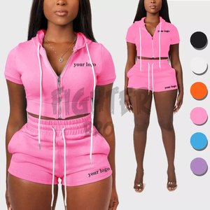 Venta al por mayor de chándal de nueva moda Pantalones cortos de gimnasio con Sudadera con capucha Mujeres Gimnasio Crop Top Sudadera con capucha y conjuntos cortos - Product Image 5