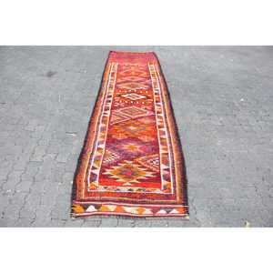 Vintage Turkish Herki Rug 2.8x11.3 ft, <b>Red</b> <b>Runner</b> Check Wool Rug - Product Image 1