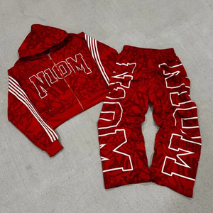 Autumn Unisex Zipper-Up Oversized Solid Fleece Distressed Acid Wash Hoodie Sweatpants Set Applique Embroidery Plain Dyed - Product Image 1