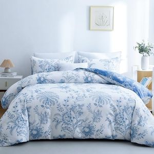 Juego de Funda Nórdica Moderna de Tres Piezas, Estampado Floral Digital en Blanco y Azul, 100% Poliéster, Ecológico, Transpirable y Duradero, Ropa de Cama para el Hogar - Product Image 1
