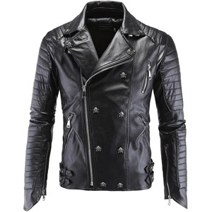Veste en toile en cuir véritable punk pour hommes, veste de moto décontractée à la mode avec rivets en forme de crâne, imperméable et respirante - Product Image 1
