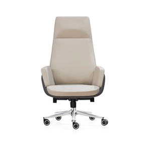 Chaise de bureau de luxe moderne ergonomique à dossier croisé, réglable en hauteur, avec base en acier inoxydable et aluminium, pivotante et inclinable en cuir véritable - Product Image 1