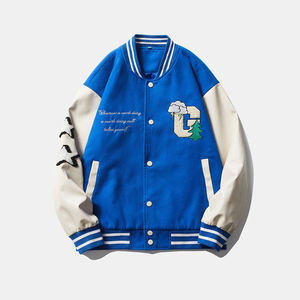 แจ็กเก็ตเบสบอลมีตัวอักษรแบบสั่งทำสำหรับผู้ชายผ้าแคนวาสแขนเสื้อหนังปักลายโลโก้ด้านหน้า - Product Image 1