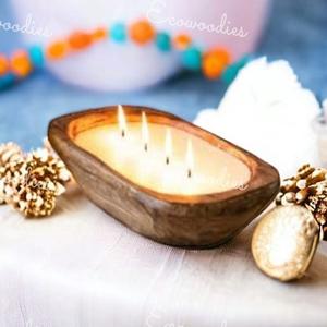 Bougeoir décoratif en bois Bol en bois pour la décoration de Noël Bols en bois de bambou Bol à pâte à 4 mèches pour la maison, l'hôtel et le restaurant - Product Image 1