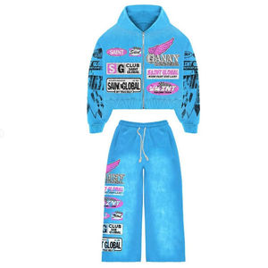 Chándal de peso pesado de talla grande para hombre, estampado de logotipo personalizado, lavado ácido, cremallera, Conjunto de sudadera con capucha y pantalones de chándal para hombre, chándal de entrenamiento - Product Image 5