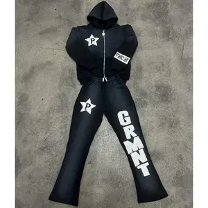 Y2K logotipo personalizado trajes de sudor lavado ácido personalizado 100% algodón Terry Sun Fade chándales acampanados hombres pantalones de chándal apilados y conjunto de sudaderas con capucha - Product Image 4