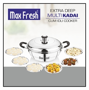 Maxfresh Extra Deep Multi Kadai, design moderne en acier inoxydable, compatible gaz et induction, avec couvercle à fond sandwich, utilisable avec 3 plaques - Product Image 4