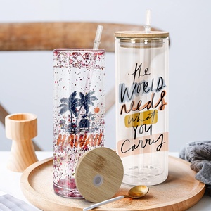 Vasos de cristal de doble pared en forma de lata de cerveza preperforada transparente de 12oz, 16oz, 20oz, Snowglobe, tazas Diy con tapa de bambú y pajita - Product Image 2