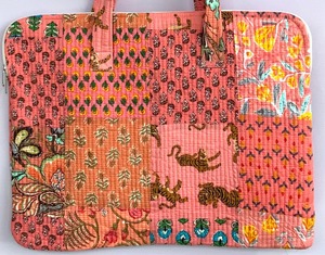 Boho 15Inch Handblock Orange <b>Quilted</b> Cotton Durable Lightweight Waterproof Luxury Modern Fashionable Business Laptop Sleeve - Product Image 2