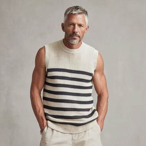 Men's Cotton Crew-Neck <b>Striped</b> Tank Sweater <b>Vest</b> Winter Layering with Summer Style Knitted Cotton Sleek Summer Look - Product Image 3