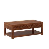 Table console en teck massif de haute qualité avec une finition brun foncé et deux tiroirs, conçue pour une utilisation dans le salon.