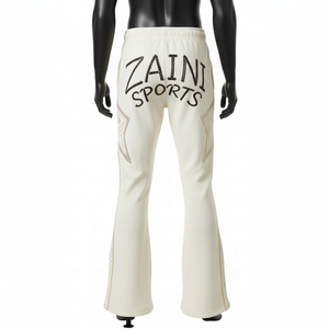 กางเกงทรงบานผ้าโพลีเอสเตอร์ผสมอีลาสเทน พรีเมียม เนื้อผ้านุ่ม ยืดหยุ่น สีไอวอรี่ ดีไซน์แผงตกแต่ง ประดับคริสตัลแบบฮอตฟิกซ์ โลโก้สั่งทำพิเศษ กางเกงทรงบาน - Product Image 2