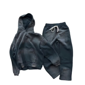 High Quality Oversized Acid Wash <b>Tracksuit</b> Set Custom Streetwear Vintage Sun Faded Wash Hoodie Sweatpants Distressed for Winter - Product Image 5