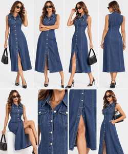 Robe en jean bleue sans manches, col rabattu, boutonnée devant, robe maxi décontractée élégante pour femmes - Product Image 6