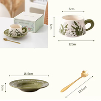 Set Cangkir Kopi dan Piring Keramik Motif Bunga Mewah, Cangkir Teh Bunga Lukis Tangan, Set Teh Sore Elegan untuk Hadiah & Dekorasi Rumah