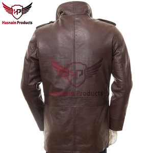<b>Mens</b> Real Dark Brown Leather <b>Field</b> <b>Jacket</b> Stand Collar Cowhide Coat Epaulets 4 Button Flap Cargo Pockets Custom Classic Outwear - Product Image 2
