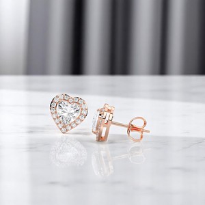 Timeless 2.50 Carat Moissanite <b>Heart</b> Cut & Halo Round Diamond <b>Stud</b> <b>Earrings</b> Solid Gold & Sterling <b>Silver</b> for Women - Product Image 3