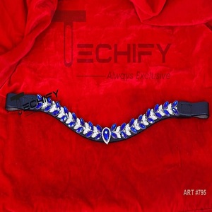 Elegant Horse Leather Brow Band with Royal Blue & White Leaf <b>Crystals</b> Premium Quality Handmade Equestrian Headstall <b>Accessory</b> - Product Image 1