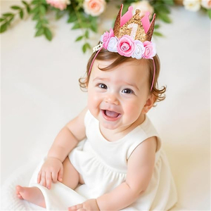 Corona Artigianale Dorata Rosa Glitterata per Feste di Compleanno, Cappello con Paillettes in Feltro per Bambini da 1 a 5 Anni, Uso Interno/Esterno, Prodotto in Cina - Product Image 3