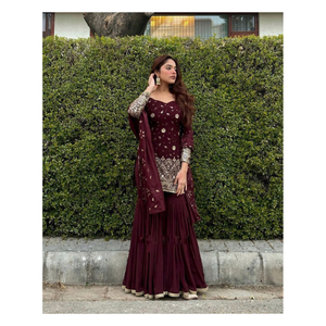 Elegant Faux Georgette Sharara Suit Heavy Embroidery Sequin Work Festive Wedding Party Wear Including <b>Top</b> Palazzo Dupatta Set - Product Image 1