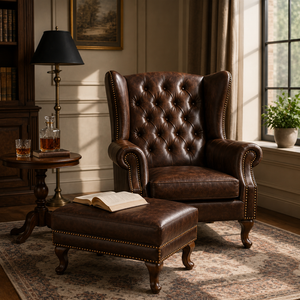 Luxury Chesterfield Wingback <b>Chair</b> Ottoman Custom Color Genuine Buffalo Leather High Back Accent Armchair for Living Room Villa - Product Image 1