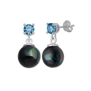 Pendientes de Plata de Ley 925 con Perla de Concha de 8 mm, Forma Impecable Mallorca, y Circonita de Color Aqua de 4 mm, de Turquía - Product Image 1