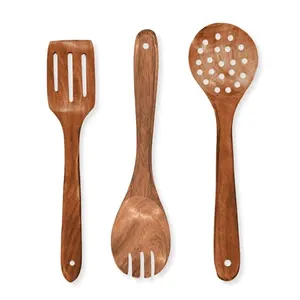 Acacia Natural Wood Kitchen Utensils <b>Set</b> Nonstick Cookware Safe <b>Wooden</b> Spatula Slotted <b>Spoon</b> Serving <b>Spoon</b> Eco-Friendly Durable - Product Image 2