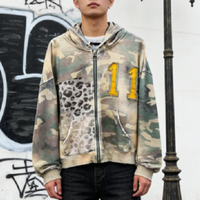Sweat à capuche camouflage personnalisé, effet délavé, zippé, broderie et impression, style vintage streetwear, coupe oversize en coton