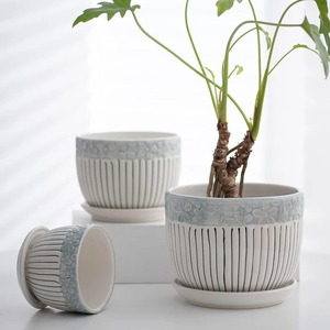 Lot de 3 pots de fleurs en céramique texturée avec soucoupe Mignon jardinière succulente d'intérieur et de jardin pour la maison - Product Image 2